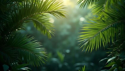 Fototapeta premium Hojas de palmera tropical enmarcando un fondo exótico.