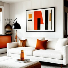 Modern minimalist living room, abstract geometric artwork, white sofa, orange accent pillows, wooden side table, round coffee table, textured white walls, natural light, mid-century modern style, clea