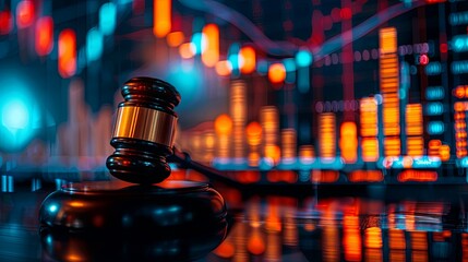 Gavel and Blurred Stock Market Data: Financial Justice and Legal Decisions
