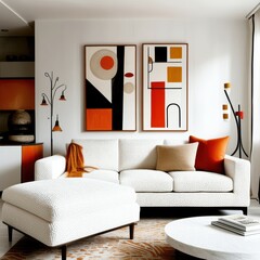 Modern minimalist living room, abstract geometric artwork, white sofa, orange accent pillows, wooden side table, round coffee table, textured white walls, natural light, mid-century modern style, clea
