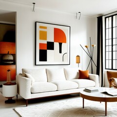 Modern minimalist living room, abstract geometric artwork, white sofa, orange accent pillows, wooden side table, round coffee table, textured white walls, natural light, mid-century modern style, clea