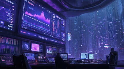 A futuristic Wall Street with holograms of graphs and figures showing a meltdown,