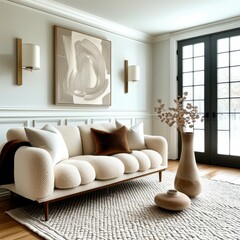 Elegant living room, neutral color palette, large circular artwork, modern L-shaped sofa, textured area rug, wall sconces, crown molding, natural light, dried floral arrangement, minimalist decor, hig