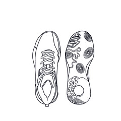 Template vector basketball shoe sneaker non-slip, suitable for your custom basketball shoes, front and bottom view. Outline vector doodle illustration. Isolated with a white background.