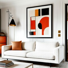 Modern minimalist living room, abstract geometric artwork, white sofa, orange accent pillows, wooden side table, round coffee table, textured white walls, natural light, mid-century modern style, clea