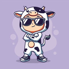 Cute Cartoon Cow Character with Sunglasses. Vector Illustration.