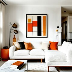Modern minimalist living room, abstract geometric artwork, white sofa, orange accent pillows, wooden side table, round coffee table, textured white walls, natural light, mid-century modern style, clea