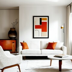 Modern minimalist living room, abstract geometric artwork, white sofa, orange accent pillows, wooden side table, round coffee table, textured white walls, natural light, mid-century modern style, clea