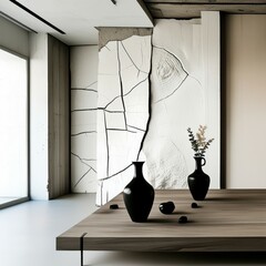 Modern interior design, broken mirror framed artwork, abstract geometric pattern, cracked glass effect, monochromatic color scheme, sleek black vases, minimalist decor, textured wall, contemporary aes
