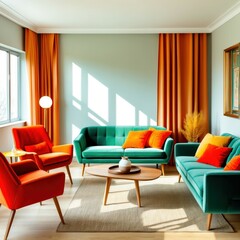 Retro living room, vibrant colors, green sofa, orange armchair, red curtains, mid-century modern furniture, light blue walls, wooden coffee table, colorful throw pillows, sunlit interior, minimalist d