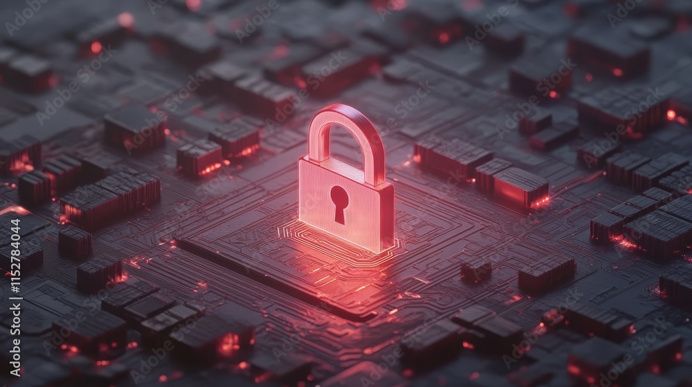 Poster enhanced cybersecurity, lock on circuit board symbolizing digital data protection and network securi