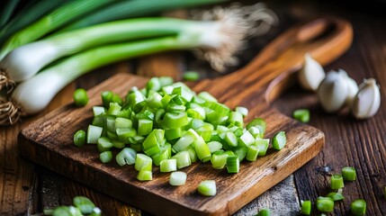 Close up sliced Spring onion on wooden board