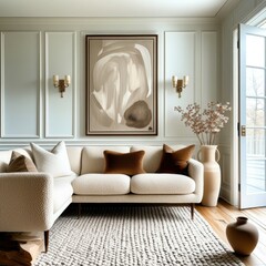Elegant living room, neutral color palette, large circular artwork, modern L-shaped sofa, textured area rug, wall sconces, crown molding, natural light, dried floral arrangement, minimalist decor, hig