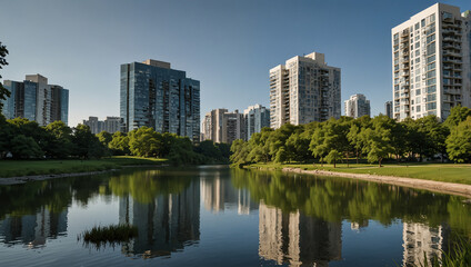 A park with a calm lake reflecting tall buildings, lush green trees, and grassy areas.