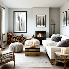 Minimalist living room, cozy fireplace, wood stove, stacked firewood, white walls, large windows, natural light, white sofas, wooden coffee table, knit pouf ottoman, black and white artwork, modern Sc