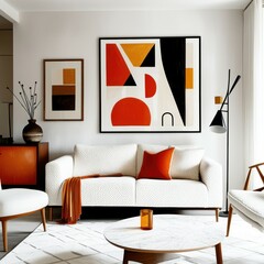 Modern minimalist living room, abstract geometric artwork, white sofa, orange accent pillows, wooden side table, round coffee table, textured white walls, natural light, mid-century modern style, clea