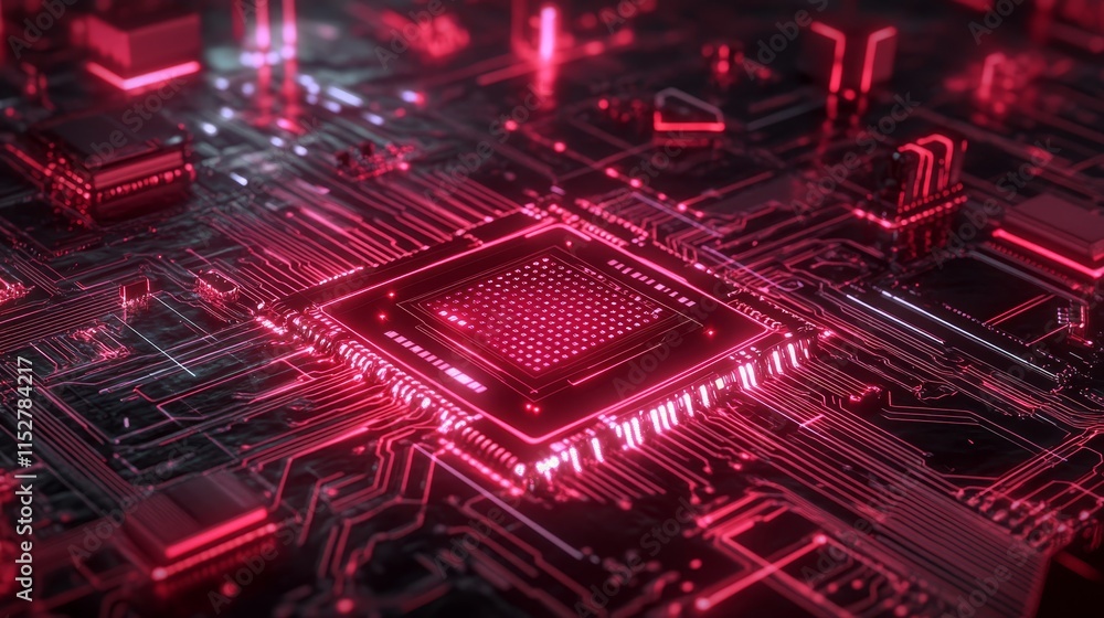 Poster illuminated computer chip, symbol of technological advancement and powerful processing in the digita
