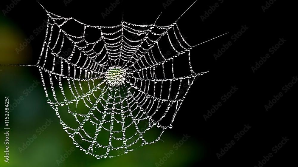 Poster a delicate spider web glimmers with dew drops against a dark background, showcasing intricate patter
