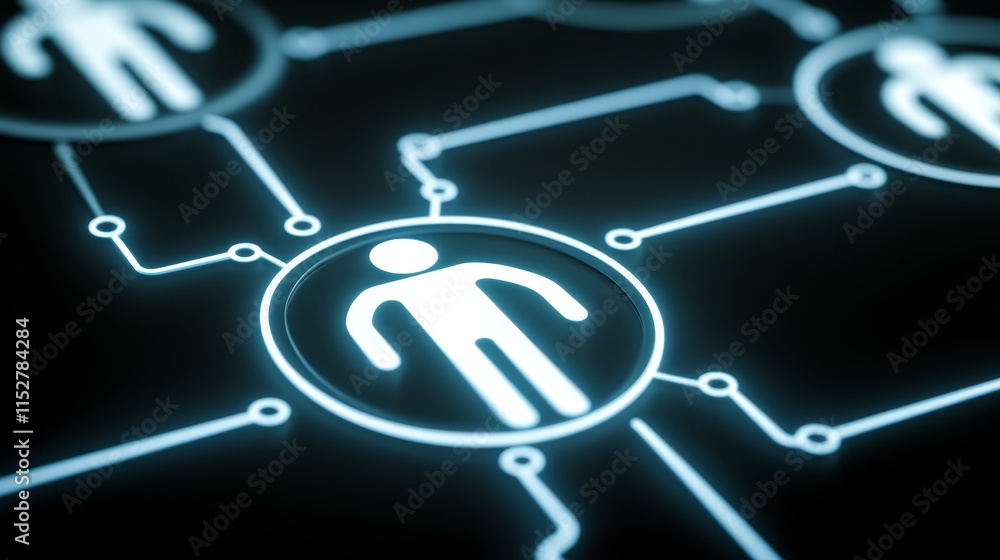 Poster interconnectedness, person at the center of a complex network of lines, visualizing relationships an