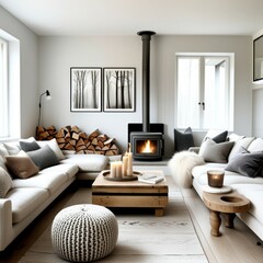 Minimalist living room, cozy fireplace, wood stove, stacked firewood, white walls, large windows, natural light, white sofas, wooden coffee table, knit pouf ottoman, black and white artwork, modern Sc