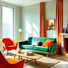Retro living room, vibrant colors, green sofa, orange armchair, red curtains, mid-century modern furniture, light blue walls, wooden coffee table, colorful throw pillows, sunlit interior, minimalist d