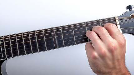 A close-up of a hand playing chords on a guitar, highlighting the frets and strings, showcasing...