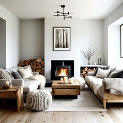 Minimalist living room, cozy fireplace, wood stove, stacked firewood, white walls, large windows, natural light, white sofas, wooden coffee table, knit pouf ottoman, black and white artwork, modern Sc