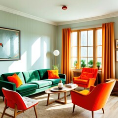 Fototapeta premium Retro living room, vibrant colors, green sofa, orange armchair, red curtains, mid-century modern furniture, light blue walls, wooden coffee table, colorful throw pillows, sunlit interior, minimalist d