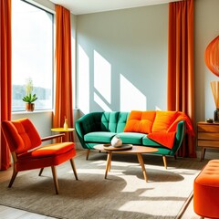 Retro living room, vibrant colors, green sofa, orange armchair, red curtains, mid-century modern furniture, light blue walls, wooden coffee table, colorful throw pillows, sunlit interior, minimalist d