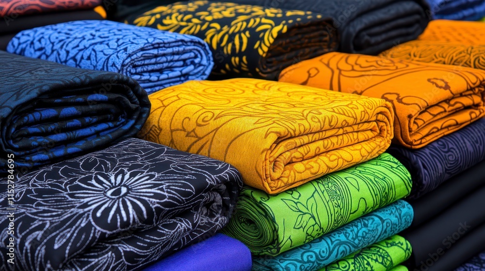Poster a vibrant display of neatly folded, patterned fabrics in various colors, showcasing intricate design