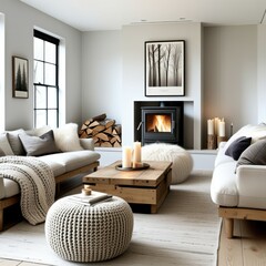 Minimalist living room, cozy fireplace, wood stove, stacked firewood, white walls, large windows, natural light, white sofas, wooden coffee table, knit pouf ottoman, black and white artwork, modern Sc