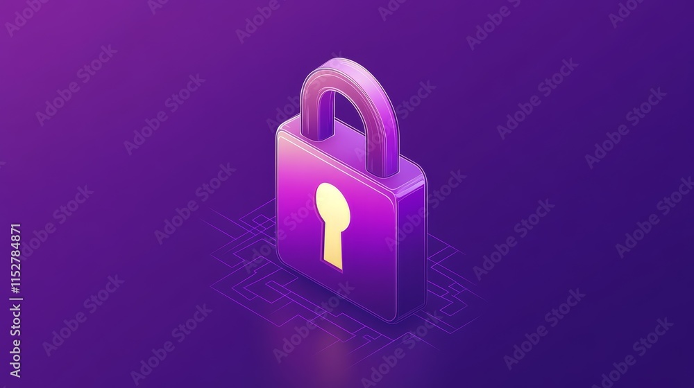 Poster secure lock on purple, data protection and access control in cybersecurity
