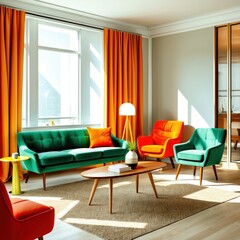 Retro living room, vibrant colors, green sofa, orange armchair, red curtains, mid-century modern furniture, light blue walls, wooden coffee table, colorful throw pillows, sunlit interior, minimalist d