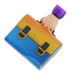 A 3D icon  rendered cartoon hand holds a blue and orange briefcase, suggesting business or work.