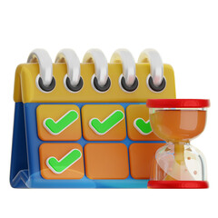 A 3D icon rendering shows a colorful calendar with checkmarks and an hourglass symbolizing time management and completed tasks.