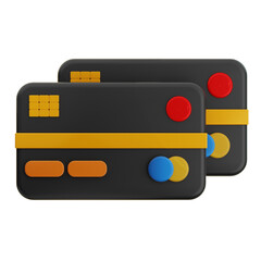 A 3D icon  rendering depicts two black credit cards with colorful details overlapping slightly.