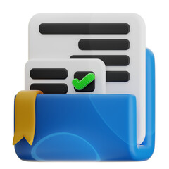 A 3D icon  rendering of a blue folder containing completed documents marked with a green checkmark.