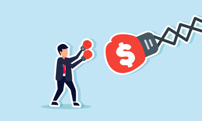 A businessman wearing boxing gloves punches a punching bag labeled with a dollar sign, illustration of combating corruption practices in business