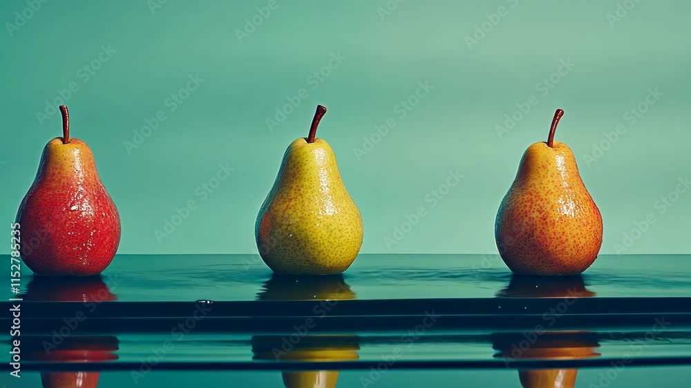 Poster pears arranged in a row on a reflective surface showcasing vibrant colors and textures under soft li