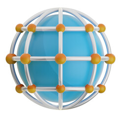 The image shows a 3D icon rendering of a blue sphere encased in a silver grid representing a global network.