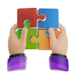 3d icon Two hands join together four colorful puzzle pieces symbolizing teamwork and problem-solving.