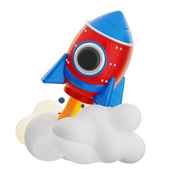 A stylized 3D icon rendered cartoon rocket blasts off from a cloud, showcasing vibrant colors and playful design elements.