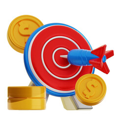 A 3D icon rendering depicts a dart hitting a target surrounded by gold coins, representing the achievement of financial goals.