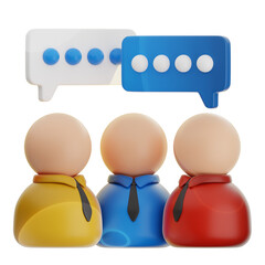 Three stylized 3D icon characters, in yellow, blue and red, are shown communicating using speech bubbles above them.