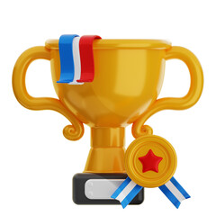 A 3D icon rendered image depicts a shiny golden trophy with a medal and colorful ribbons symbolizing victory and accomplishment.