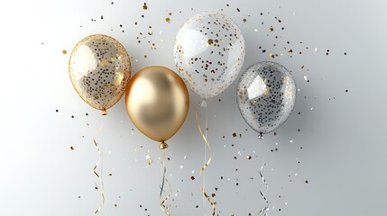 Fototapeta premium Elegant Metallic Balloons Celebrate Joyfully Against a Soft White Background: Close-Up Photo. AI Generated