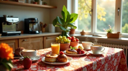 A delightful breakfast scene featuring pastries, fruit, coffee, and juice, bathed in warm sunlight streaming through a window in a cozy kitchen