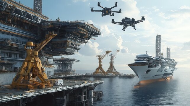 A futuristic shipyard with autonomous robots and drones assisting in ship construction, a glimpse into the future