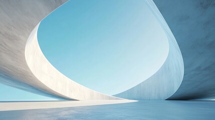 Futuristic Curved Architectural Structure Against Clear Blue Sky with Concrete Floor
