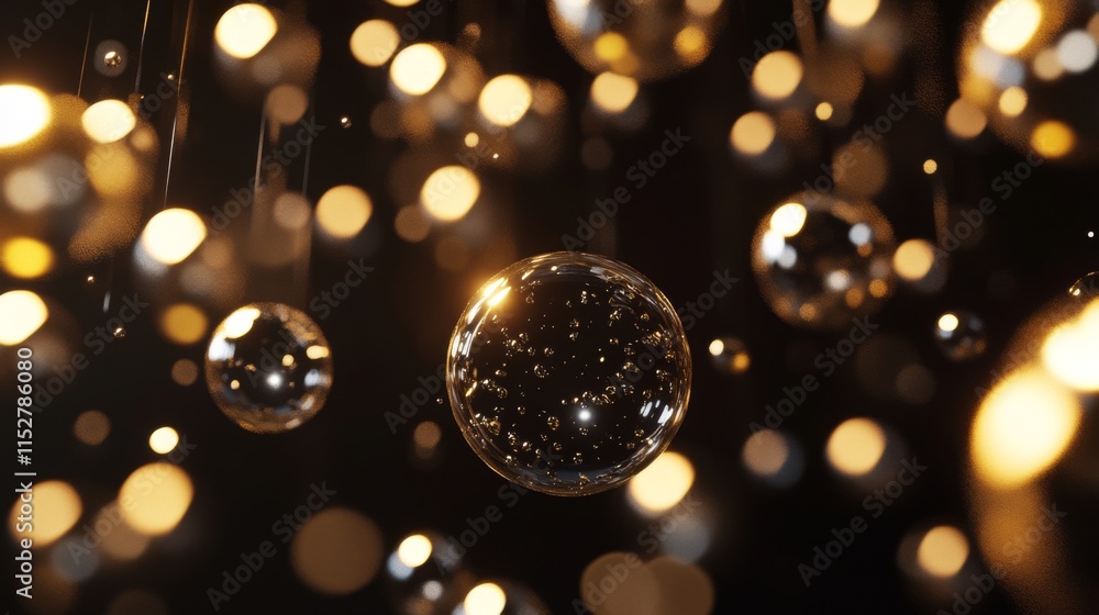 Poster abstract background with floating glass spheres and bokeh lights.